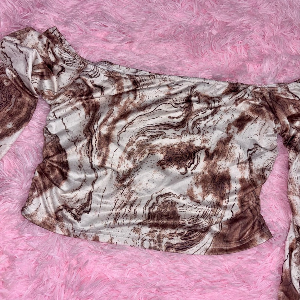 Marble Off-Shoulder Long Sleeve Top - Size Large